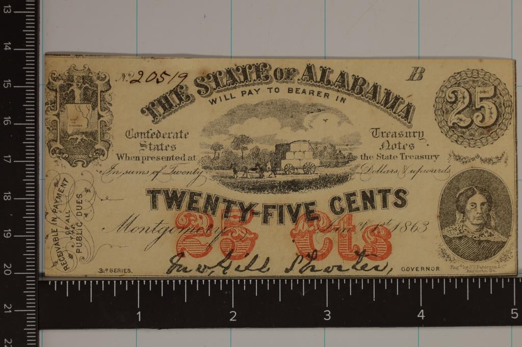 1863 STATE OF ALABAMA 25 CENT FRACTIONAL CURRENCY: CRISP UNC