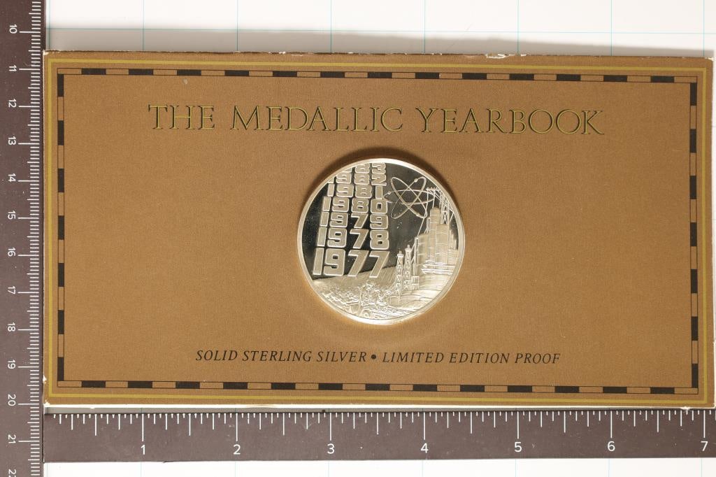 .99 OZ. STERLING SILVER ROUND THE MEDALLIC YEAR: BOOK, 1977 PRESIDENT CARTER ANNOUNCES ENERGY PLAN, IN ORIGINAL FRANKLIN MINT PACKAGING
