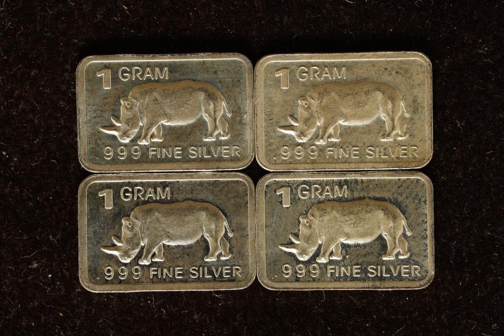 4-1 GRAM .999 FINE SILVER UNC INGOTS "RHINO": WATCH FOR OUR NEXT AUCTION ON (MONDAY OCT. 2ND, 2023) AT 7PM EDT. THANKS FOR YOUR BUSINESS.
