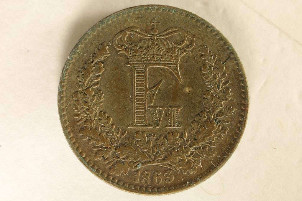 1863 DENMARK RIGSMONT SKILLING. KM.763: WATCH FOR OUR NEXT AUCTION ON (MONDAY OCT. 2ND, 2023) AT 7PM EDT. THANKS FOR YOUR BUSINESS.