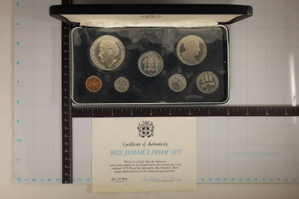 1973 JAMAICA SILVER 7 COIN PF SET 1.2335 OZ. ASW: IN ORIGINAL FRANKLIN MINT PACKAGING WITH CERTIFICATE