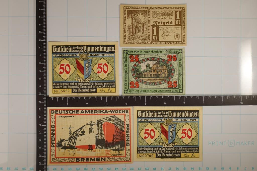 5 CRISP UNC ASSORTED 1920/1/2/3 GERMAN NOTGELDS (1 of 2)