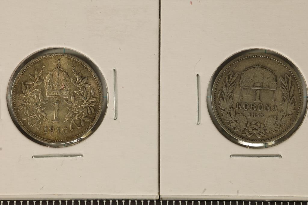 1893 & 1916 HUNGARY SILVER 1 KORONAS .2684 OZ. ASW: TOTAL. THE 1916 IS AU