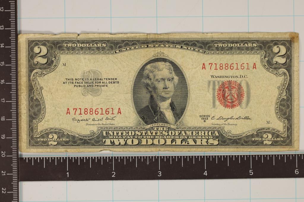1953-B US $2 RED SEAL NOTE SMALL STAIN TATTERED (1 of 2)