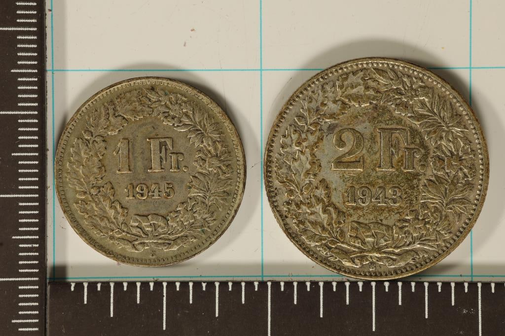 SWITZERLAND SILVER 1945 ONE FRANC & 1943 TWO FRANC: COINS .4027 OZ. ASW TOTAL