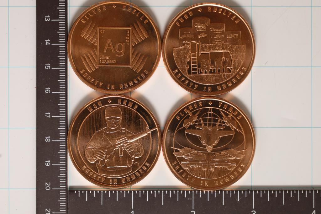 4-1 ONCE COPPER ROUNDS FROM THE PROTECT THE: FUTURE SERIES. SAFTEY IN NUMBERS SILVER AND SHELLS, FOOD AND SHELTER, MEN AT ARMS AND PLANES AND TANKS ALL BRILLIANT UNC