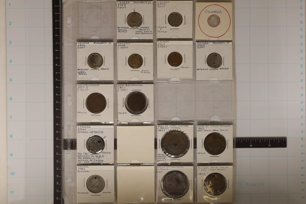 14-CANADA HOLED COINS, BANK TOKENS: DATES FROM (1 of 2)