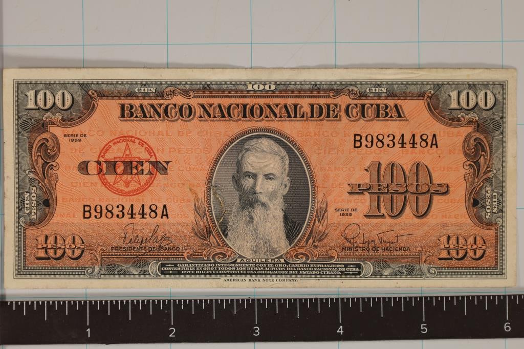 1959 CUBA 100 PESO CRISP BILL WITH SMALL CUT LEFT: SIDE OF PORTRAIT