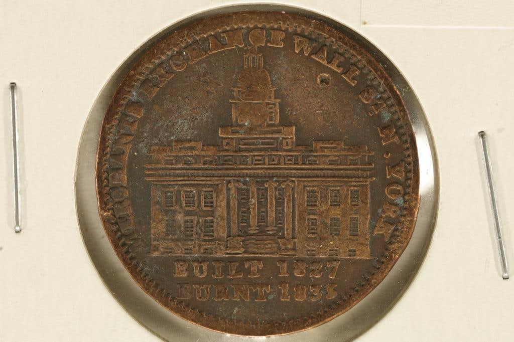 1835 HARD TIMES TOKEN, OBVERSE - MERCHANTS: EXCHANGE WALL ST. N. NEW YORK BUILT 1827 BURNT 1935, REVERSE - MILLIONS FOR DEFENSE ONE CENT FOR TRIBUTE