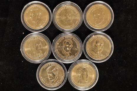 8 PRESIDENTIAL BRILLIANT UNC DOLLARS:: 2007-P THOMAS JEFFERSON, 2015-P JOHN F. KENNEDY, 2009-D JOHN TYLER, 2013-D WOODROW WILSON, 2012-D GROVER CLEVELAND, 2012-D WILLIAM HARRISON, 2007-D JOHN ADAMS & 2012-D BENJAMIN HARRISON. IN HARD PLAST