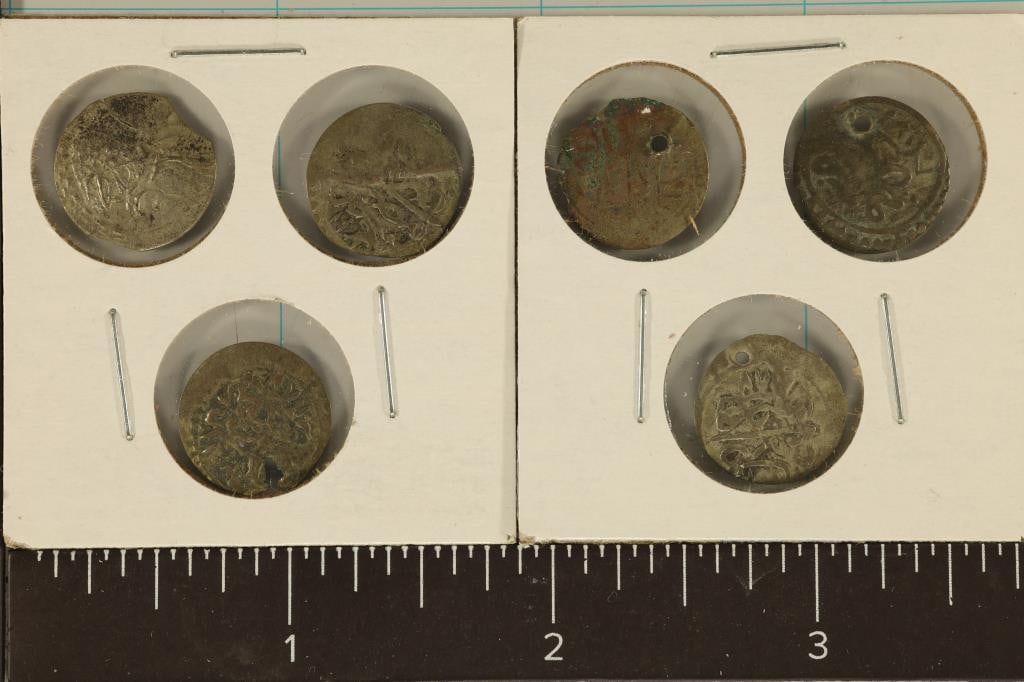 6 SILVER DIME SIZED OTTOMAN EMPIRE PARA COINS:: BELLY DANCER COINS FROM THE 1700'S - 1800'S, FOUR WITH HOLES