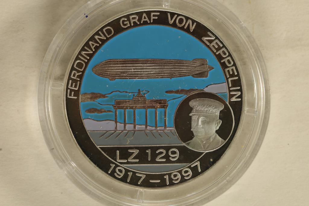 1997 DU BENIN SILVER PF 1000 FRANCS .53 OZ. ASW: FERDINAND GRAF VON ZEPPELIN 1917-1997, COLORIZED IN HARD PLASTIC CAPSULE