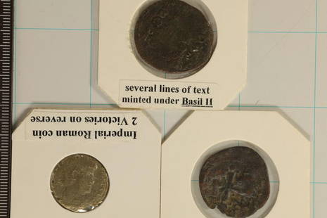 3 ROMAN ANCIENT COINS: EARLY ROMAN EMPIRE BASIL II: CONSTATINE ERA 2 VICTORIES AND 1081-1118 A.D. BYZANTINE FOLLIS