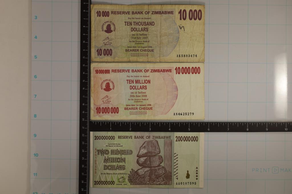 3-BANK OF ZIMBABWE BILLS: 2006 $10,000, 2008-: $10,000,000 AND 2008-$200,000,000. THE 2006 HAS A NUMBER IN INK ON THE OBVERSE