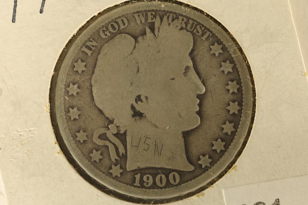 1900-O SILVER BARBER HALF DOLLAR GRAFFITI ON OBV (1 of 2)