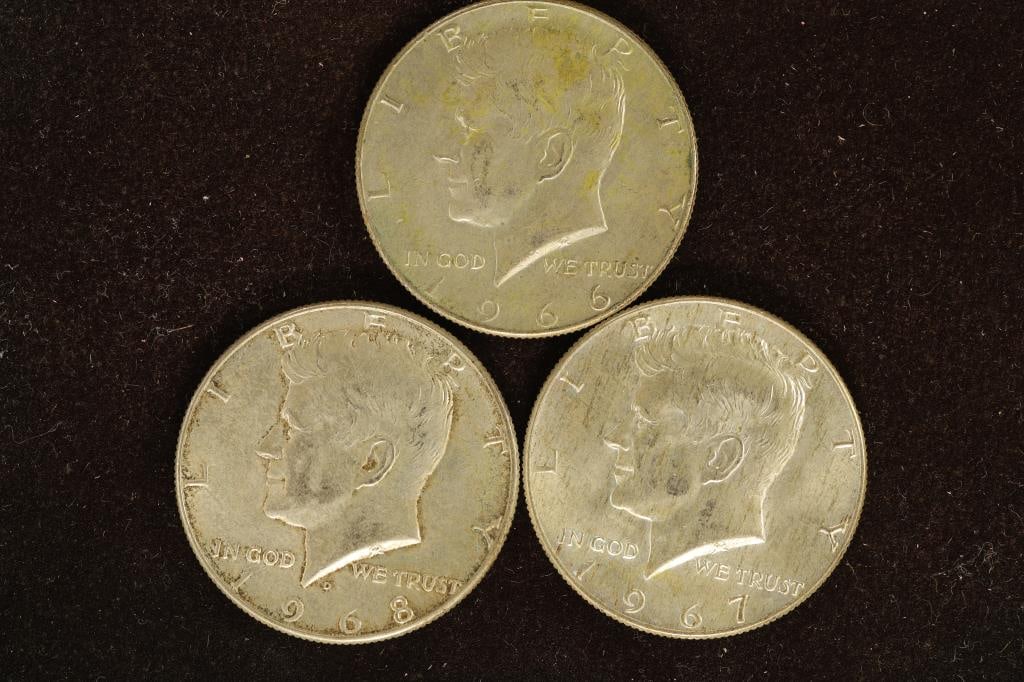1966, 67 & 1968-D JFK 40% SILVER HALF DOLLARS (1 of 2)