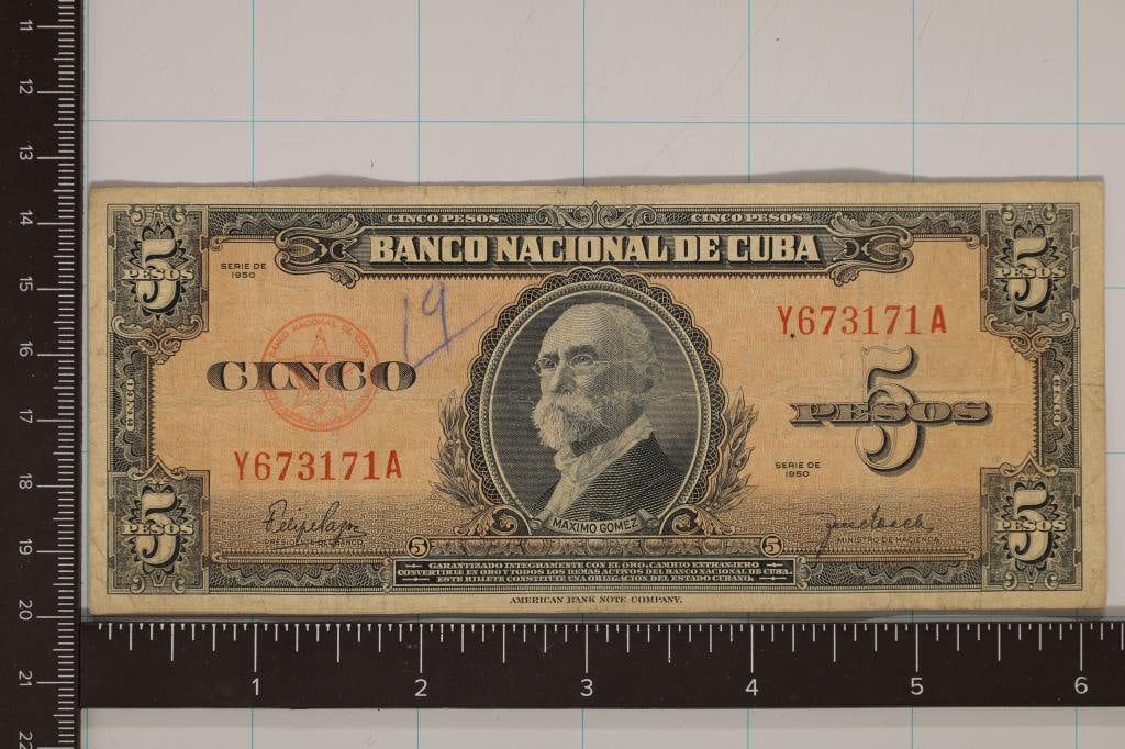 1950 CUBA 5 PESO BILL INK ON OBVERSE: WATCH FOR OUR NEXT AUCTION ON (MONDAY OCT. 16TH, 2023) AT 7PM EDT. THANKS FOR YOUR BUSINESS.