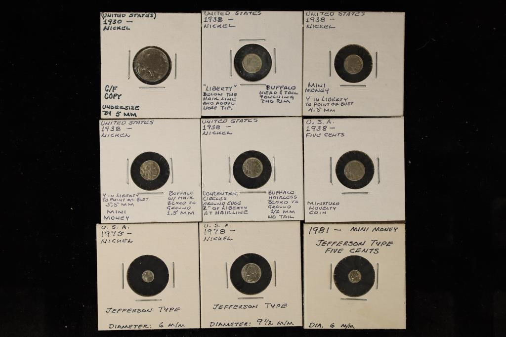 9 REPLICA MINI MONEY US NICKELS: 1930, 5-1938,: BUFFALO NICKELS, 1975, 1978 AND 1981.