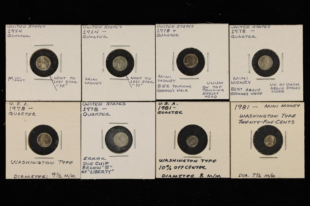 8 MINI REPLICAS OF US QUARTERS. 2-1924, 4-1978 & (1 of 4)