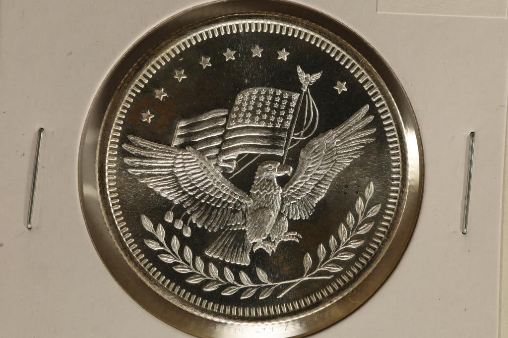 1 TROY OZ .999 FINE SILVER PF ROUND SILVER TRADE: UNIT WITH EAGLE AND FLAG