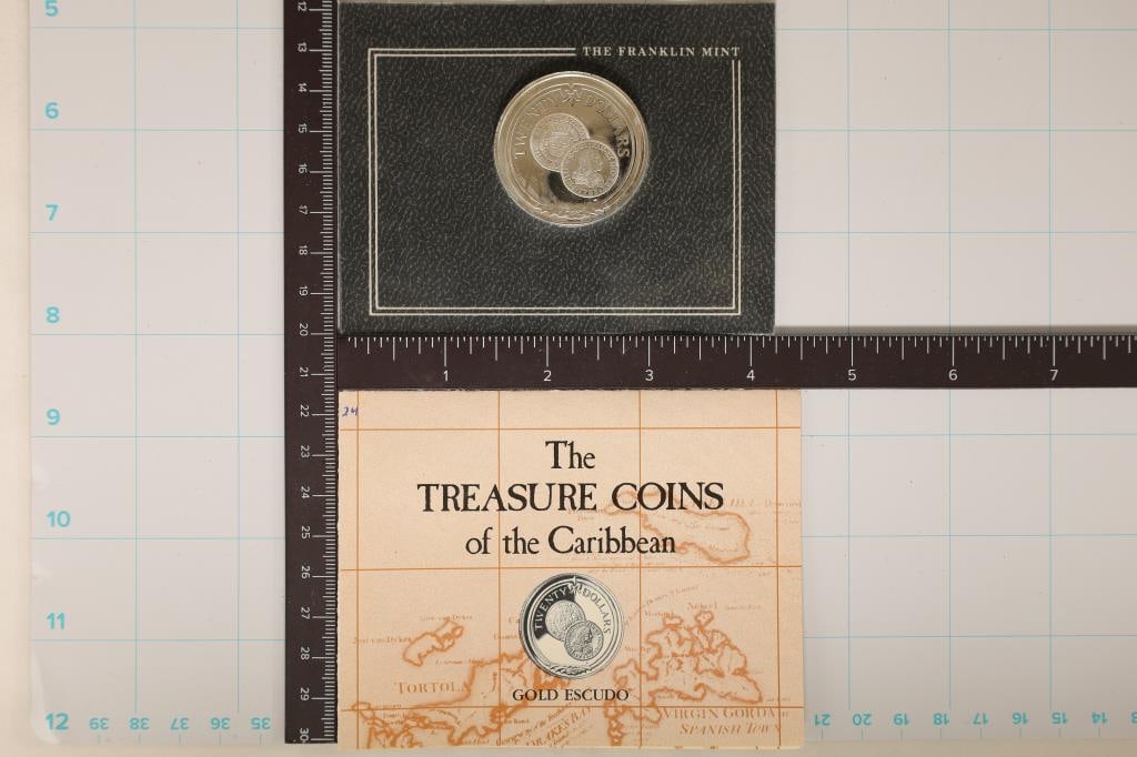 .62 OZ. STERLING SILVER $20 TREASURE COINS OF THE: CARIBBEAN "GOLD ESCUDO" IN ORIGINAL FRANKLIN MINT PACKAGING WITH INFO SHEET