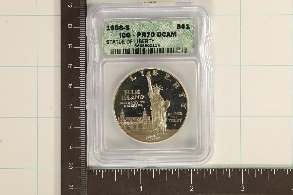 1986-S US SILVER DOLLAR STATUE OF LIBERTY ICG PR70: DCAM