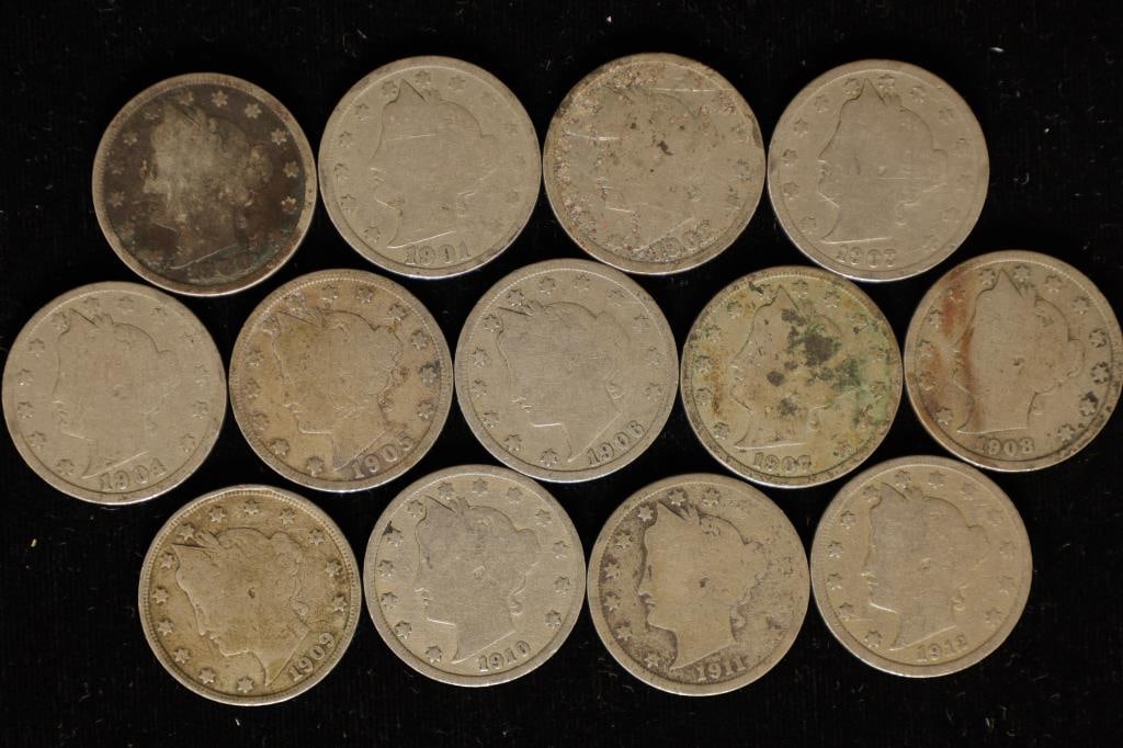 13 LIBERTY "V" NICKELS 1900-1912 ONE OF EACH: YEAR