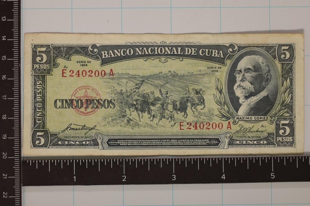 1958 BANK OF CUBA 5 PESO BILL: WATCH FOR OUR NEXT AUCTION ON (MONDAY OCT. 23RD, 2023) AT 7PM EDT. THANKS FOR YOUR BUSINESS.