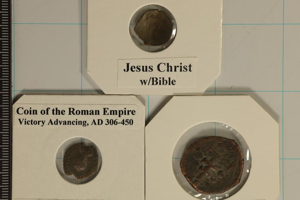 3 ROMAN ANCIENT COINS: 1045-1353 A.D. BYZANTINE: CUPPED WITH JESUS CHRIST ON REVERSE, 306-450 A.D. CONSTATINE I TO THEODOSIUS AND 1081-1118 A.D. BYZANTINE FOLLIS