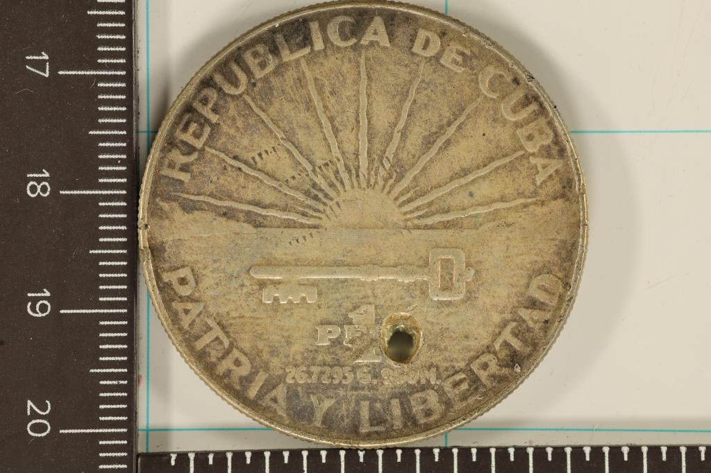 1953 CUBA SILVER 1 PESO .7734 OZ. ASW WITH HOLE: WATCH FOR OUR NEXT AUCTION ON (MONDAY OCT. 30TH, 2023) AT 7PM EDT. THANKS FOR YOUR BUSINESS.