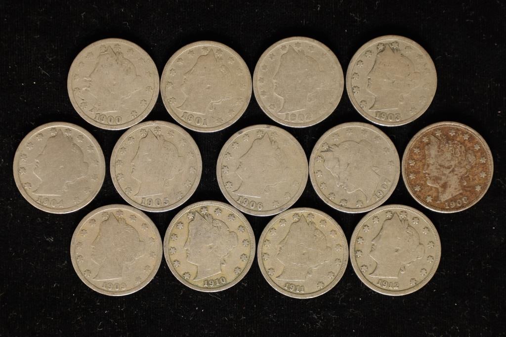 13 LIBERTY "V" NICKELS 1900-1912 ONE OF EACH: WATCH FOR OUR NEXT AUCTION ON (MONDAY OCT. 30TH, 2023) AT 7PM EDT. THANKS FOR YOUR BUSINESS.