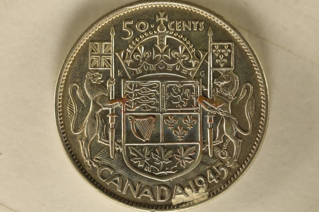 1945 CANADA SILVER 50 CENTS .3000 OZ. ASW: CASE IS CRACKED