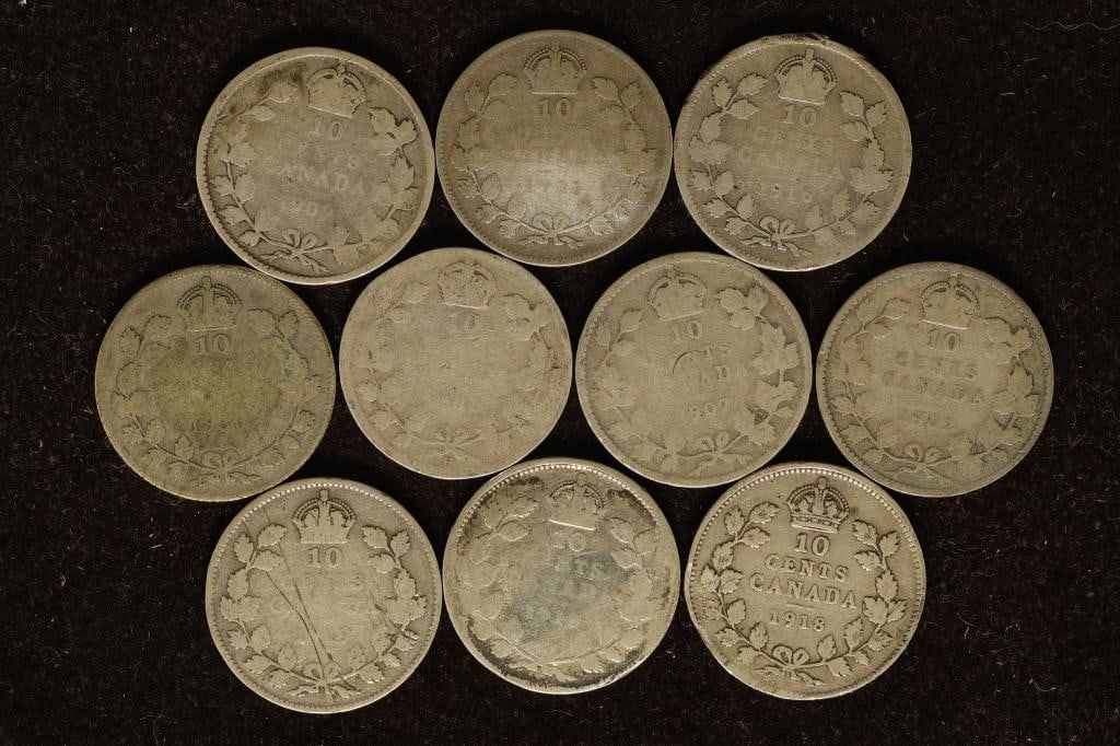 10 ASSORTED CANADA SILVER 10 CENTS:1902-1930'S (1 of 2)