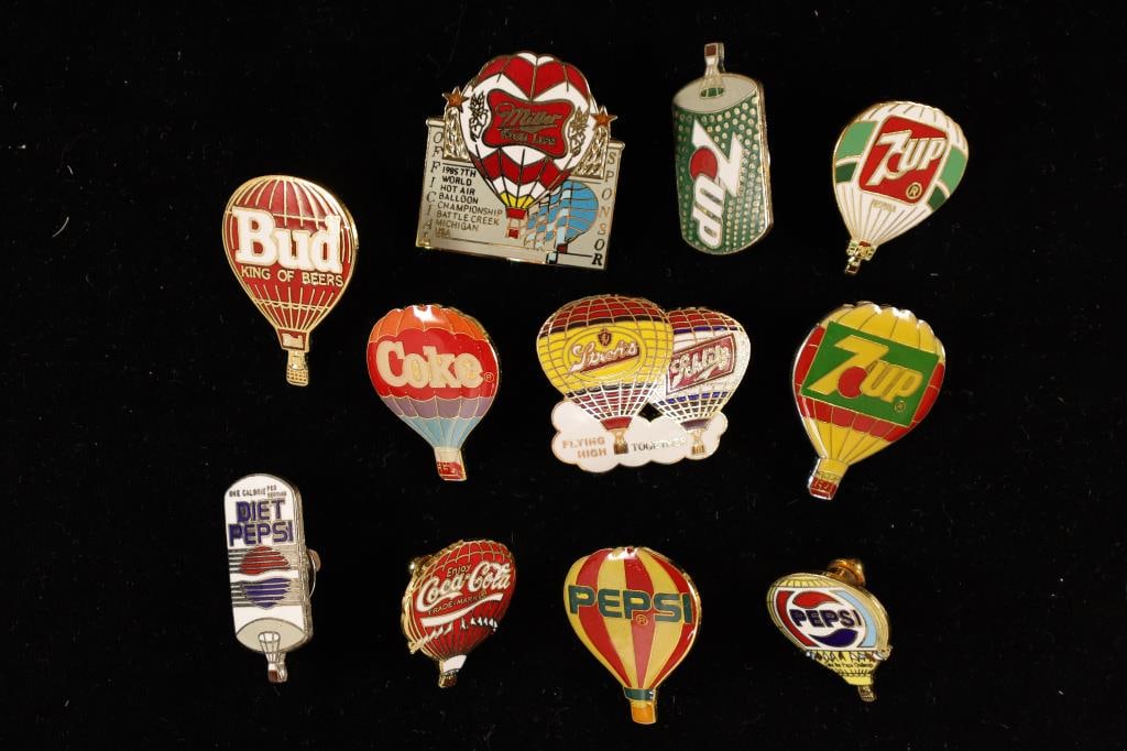 11 ASSORTED DRINK PINBACKS: 7-UP, BUD "KING OF (1 of 2)