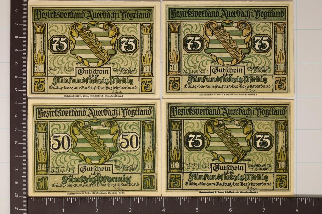 4-1921 GERMAN AUERBACH NOTGELDS: 1-50 PFENNIGS: AND 3-75 PFENNIGS. ALL REVERSES ARE DIFFERENT, CRISP UNC BILLS