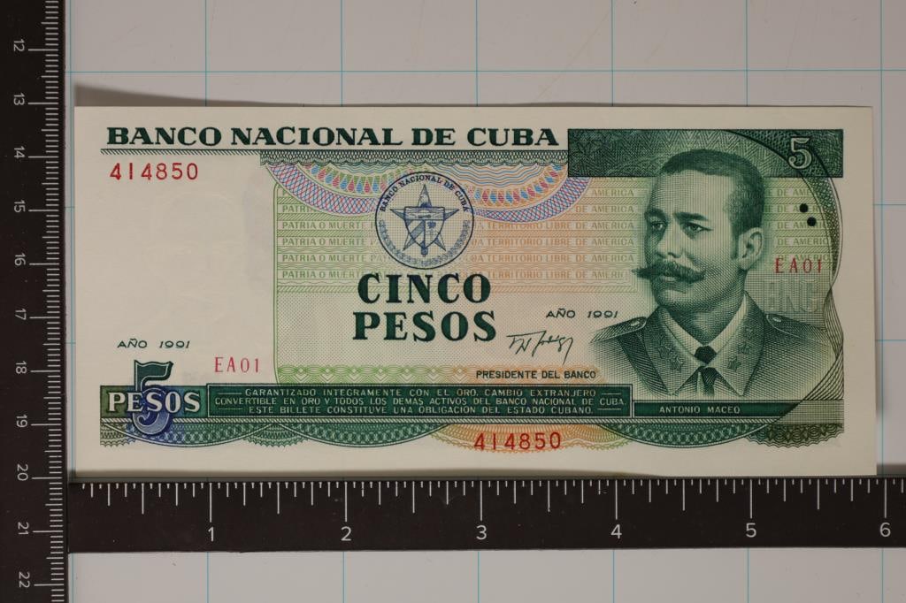 1991 CUBA 5 PESO CRISP UNC COLORIZED BILL: WATCH FOR OUR NEXT AUCTION ON (MONDAY NOV. 6TH, 2023) AT 7PM EST. THANKS FOR YOUR BUSINESS.