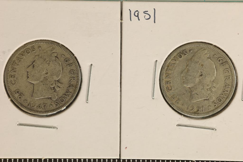 1947 & 1951 DOMINICAN REPUBLIC SILVER 25 CENTAVOS: .3616 OZ. ASW TOTAL