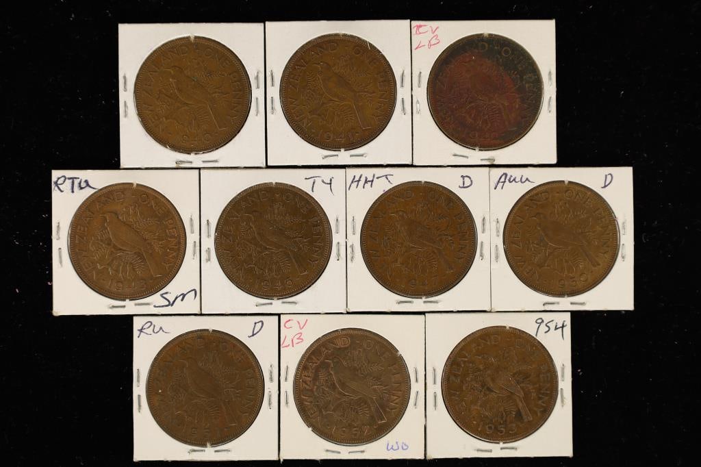 10 NEW ZEALAND 1 PENNY COINS: 1940-1953. (1 of 2)