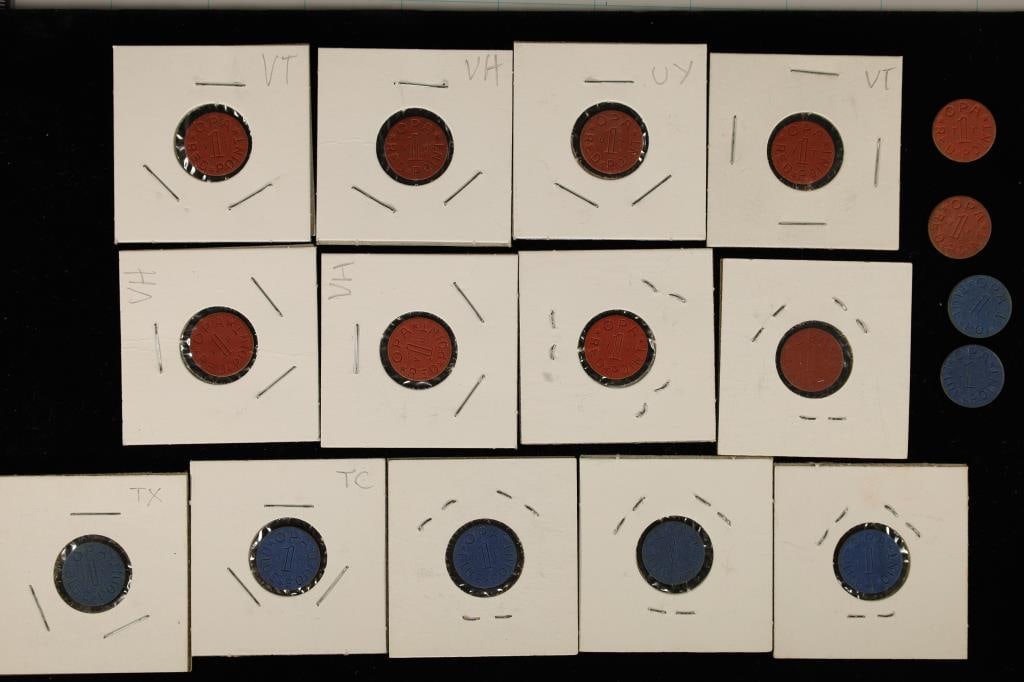 17 US OFFICE OF PRICE ADMINISTRATION WWII RATION: TOKENS: 10 RED AND 7 BLUE USED FOR MEATS AND FATS. TOKENS ARE MADE FROM WOOD PULP