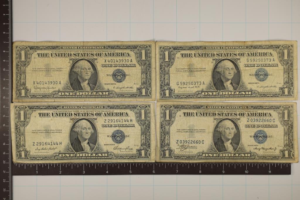 1935-A, 35-E, 57-A & 1957-B US $1 SILVER CERTS,: BLUE SEALS