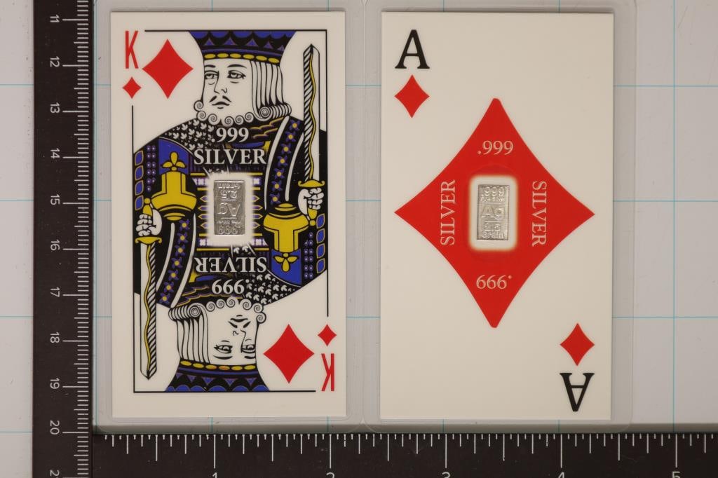 2-2.5 GRAIN (NOT GRAMS) SILVER INGOTS IN LAMINATED: PLAYING CARDS: ACE AND KING OF DIAMONDS