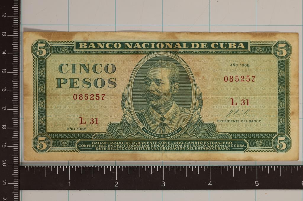 1968 CUBA 5 PESO BILL WITH STAINS: WATCH FOR OUR NEXT AUCTION ON (MONDAY NOV. 13TH, 2023) AT 7PM EASTERN TIME. THANKS FOR YOUR BUSINESS.