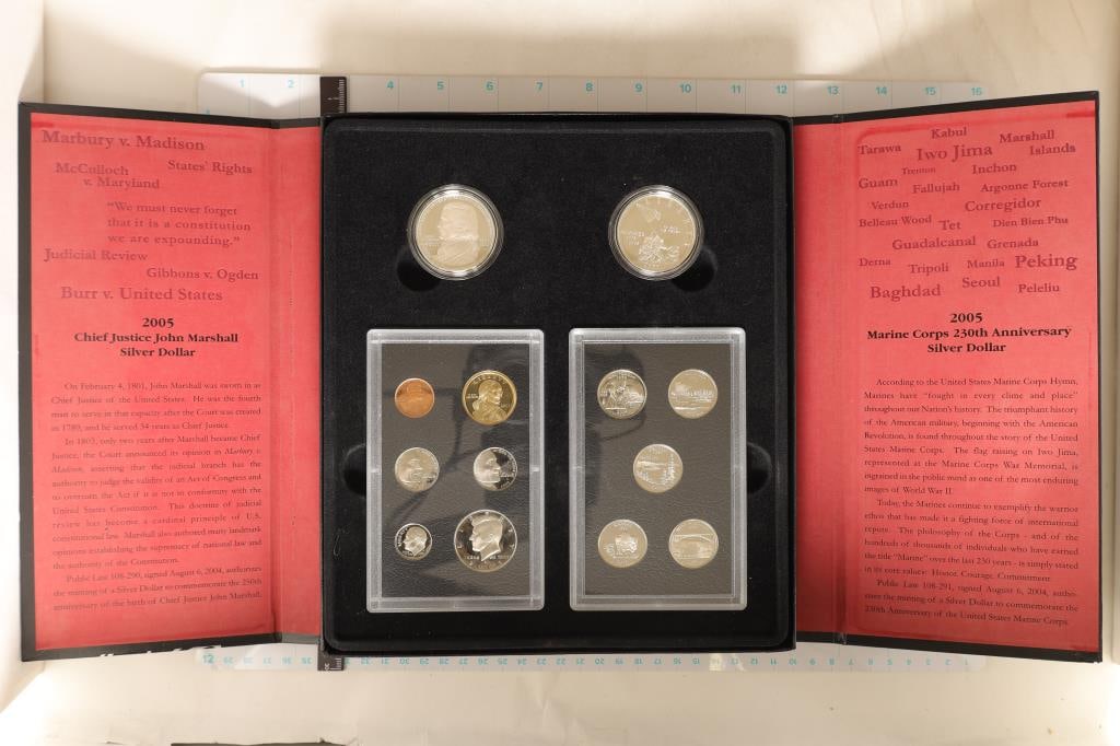 2005 US MINT AMERICAN LEGACY COLLECTION CONTAINS:: 2-PROOF SILVER DOLLARS (JOHN MARSHALL AND MARINE CORP 230TH ANNIVERSARY) AND 2005 PROOF SET WITH SACAGAWEA DOLLAR AND 2005 STATE QUARTER PROOF SET, ORIGINAL US MINT PACKAGING