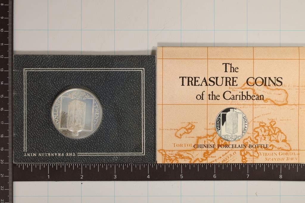.62 OZ STERLING SILVER PF ROUND TREASURE COINS OF: THE CARIBBEAN, FROM THE FRANKLIN MINT WITH CERTIFICATE