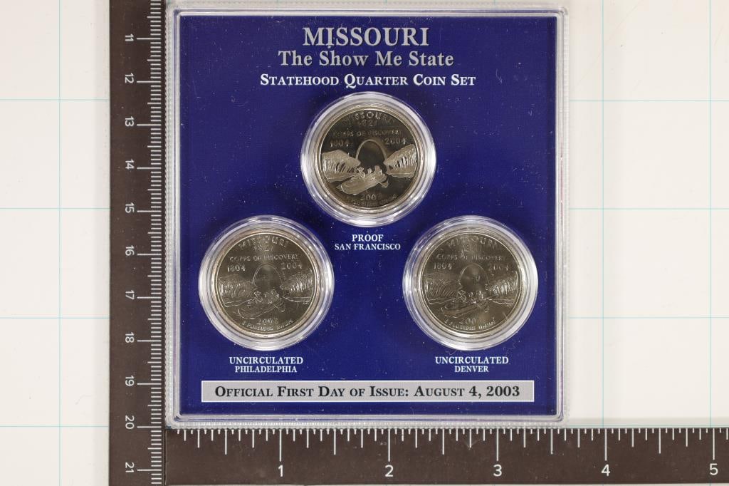 2003-P/D/S MISSOURI 3 COIN QUARTER SET, 1ST DAY: ISSUE IN HARD PLASTIC CASE