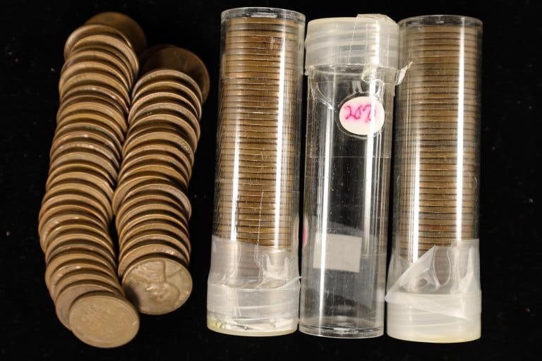 3 SOLID DATE ROLLS OF LINCOLN WHEAT CENTS: 1945,: 1955 & 1957-D (150 COINS TOTAL)