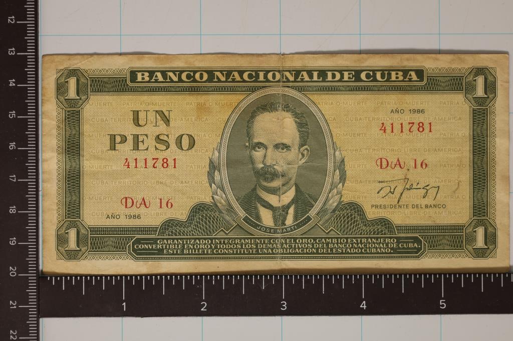 1986 CUBA 1 PESO BILL: WATCH FOR OUR NEXT AUCTION ON (MONDAY NOV. 20TH, 2023) AT 7PM EASTERN TIME. THANKS FOR YOUR BUSINESS.
