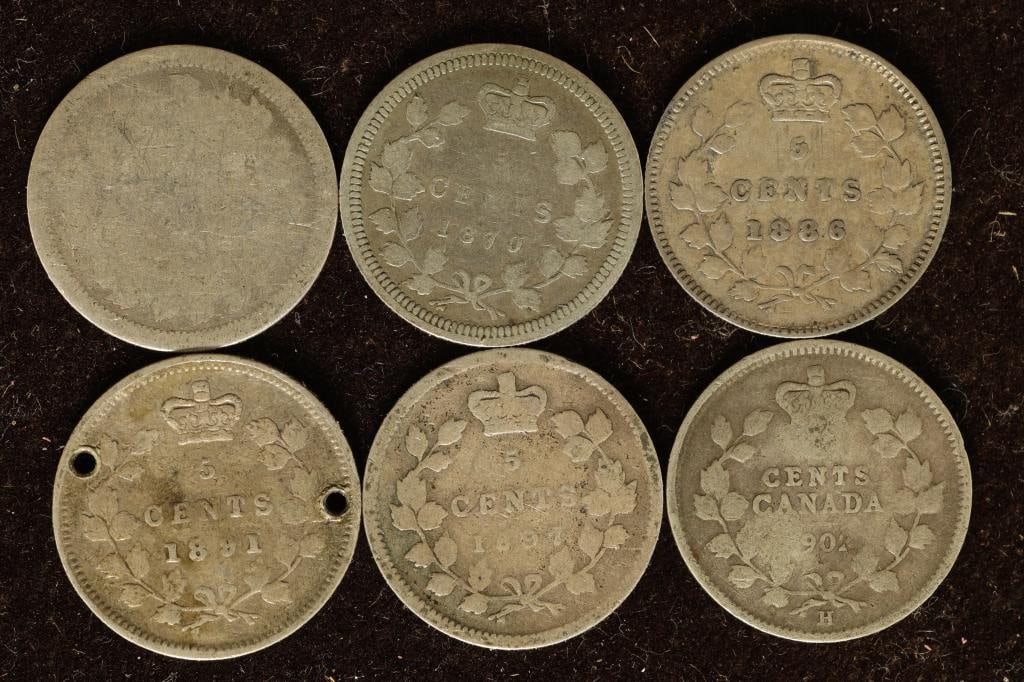 6 CANADA SILVER 5 CENT COINS: 1870, 1886, (1 of 2)