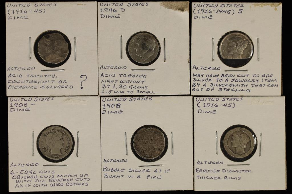 6 ROOSEVELT ALTERED SILVER DIMES: 2 SILVER BARBER: DIMES. 2 MERCURY SILVER DIMES AND 2 ROOSEVELT SILVER DIMES.