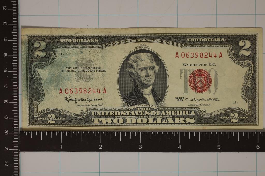 1963 US $2 RED SEAL NOTE WITH STAIN (1 of 2)